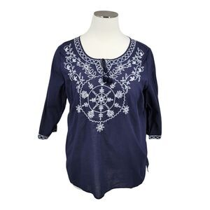 Studio Works Navy Blue Blouse with White Embroidery